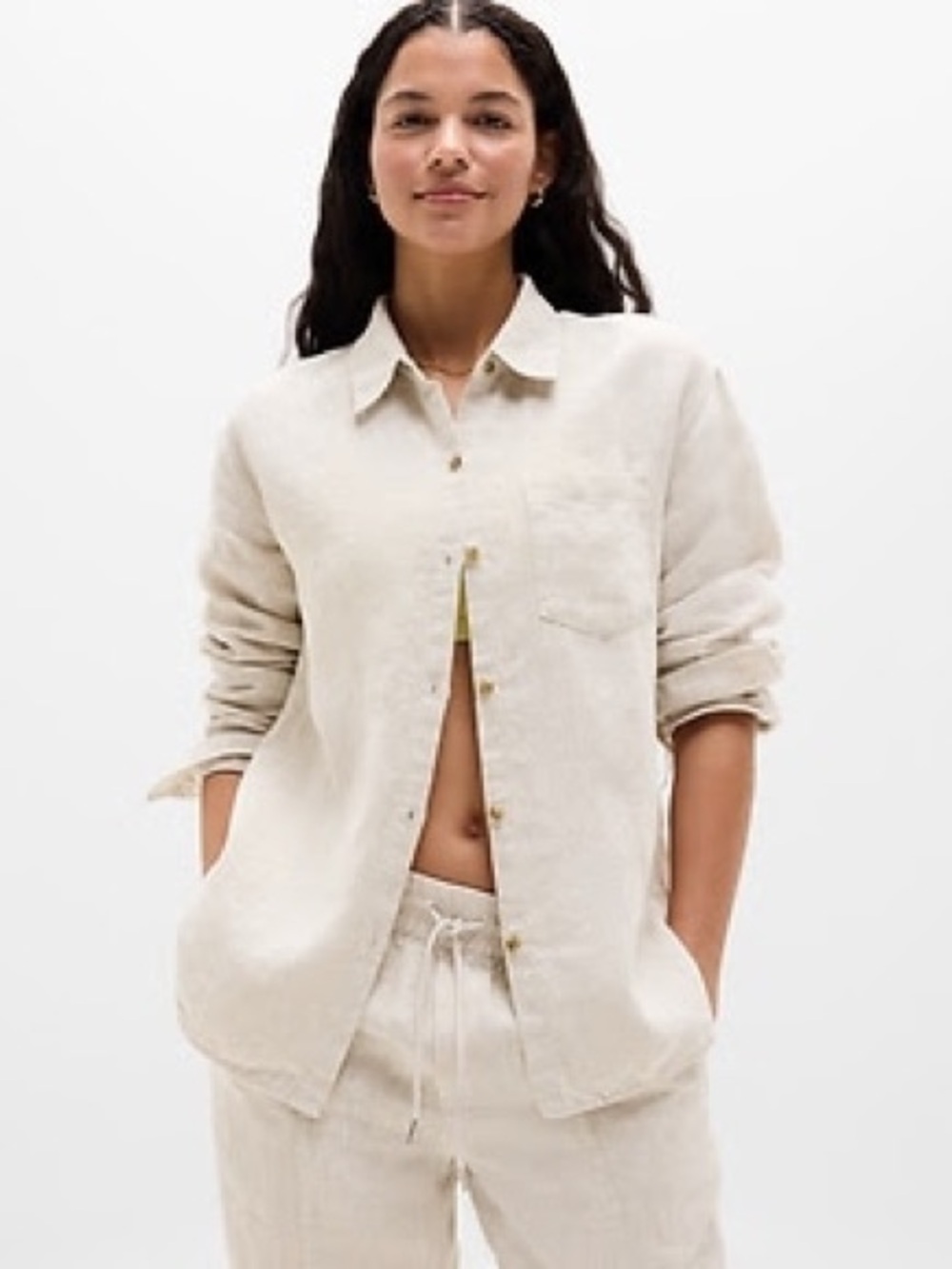 Athleta 100% Linen Button-Up Shirt - Natural/Cream